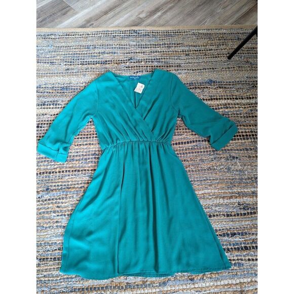NWT Willie Jays Dress Vneck Mini 3/4 Sleeves Green Sz S Elastic Waist Comfy Cute - Picture 3 of 7